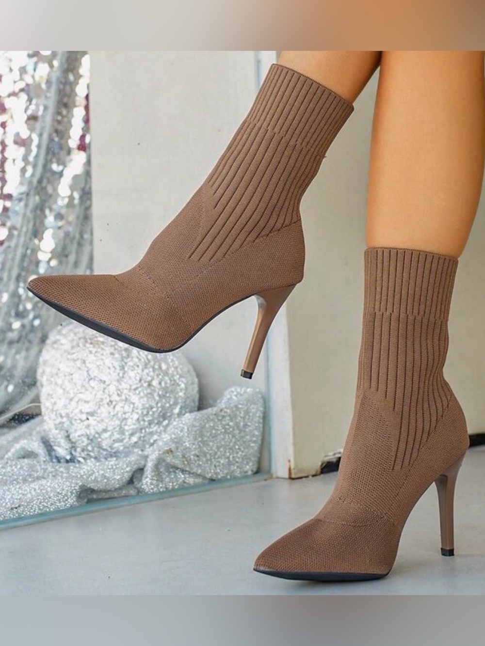 Women's Pointed Toe Knit Sock Booties in Brown size 7.5 & 9